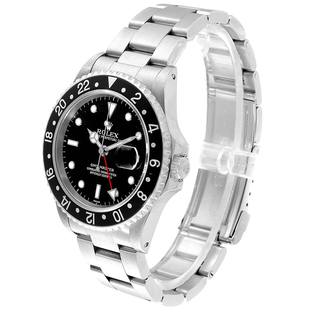 This image shows a Rolex GMT-Master 16700 Men's Stainless Steel Black Dial 16700 Men's Stainless Steel Black Dial watch at a three-quarter angle, displaying the bracelet, face, bezel, and crown.