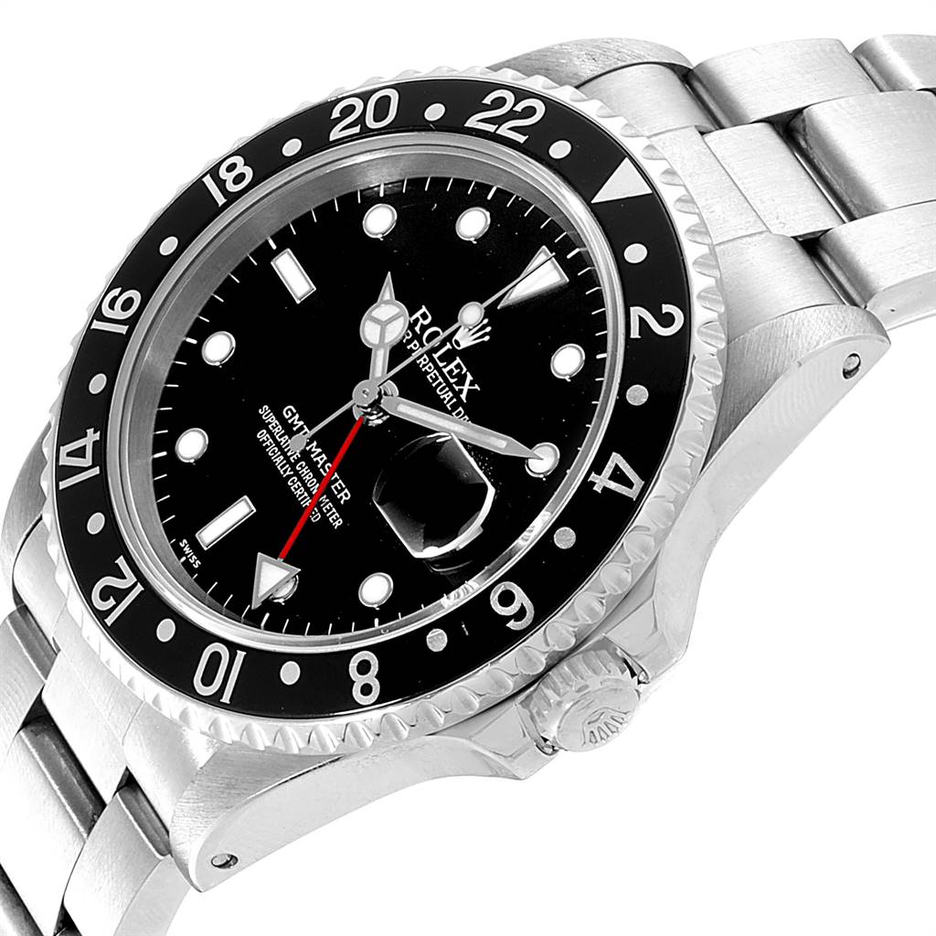 The image shows a Rolex GMT-Master 16700 Men's Stainless Steel Black Dial 16700 Men's Stainless Steel Black Dial watch angled slightly from the side, highlighting the bezel, dial, and part of the bracelet.