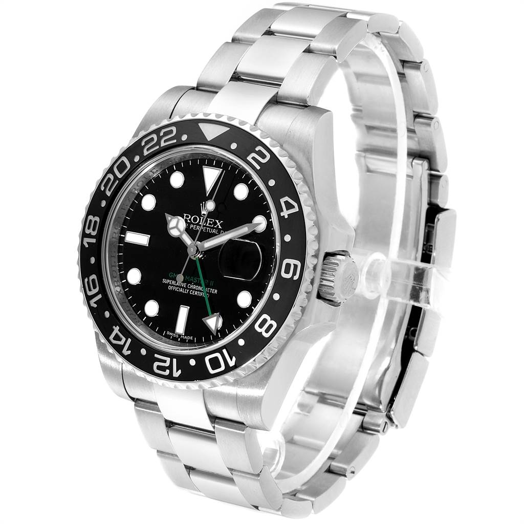 The Rolex GMT-Master 116710 Men's Stainless Steel Black Dial 116710 Men's Stainless Steel Black Dial watch is shown at a slight angle, highlighting the face, bezel, crown, and stainless steel bracelet.