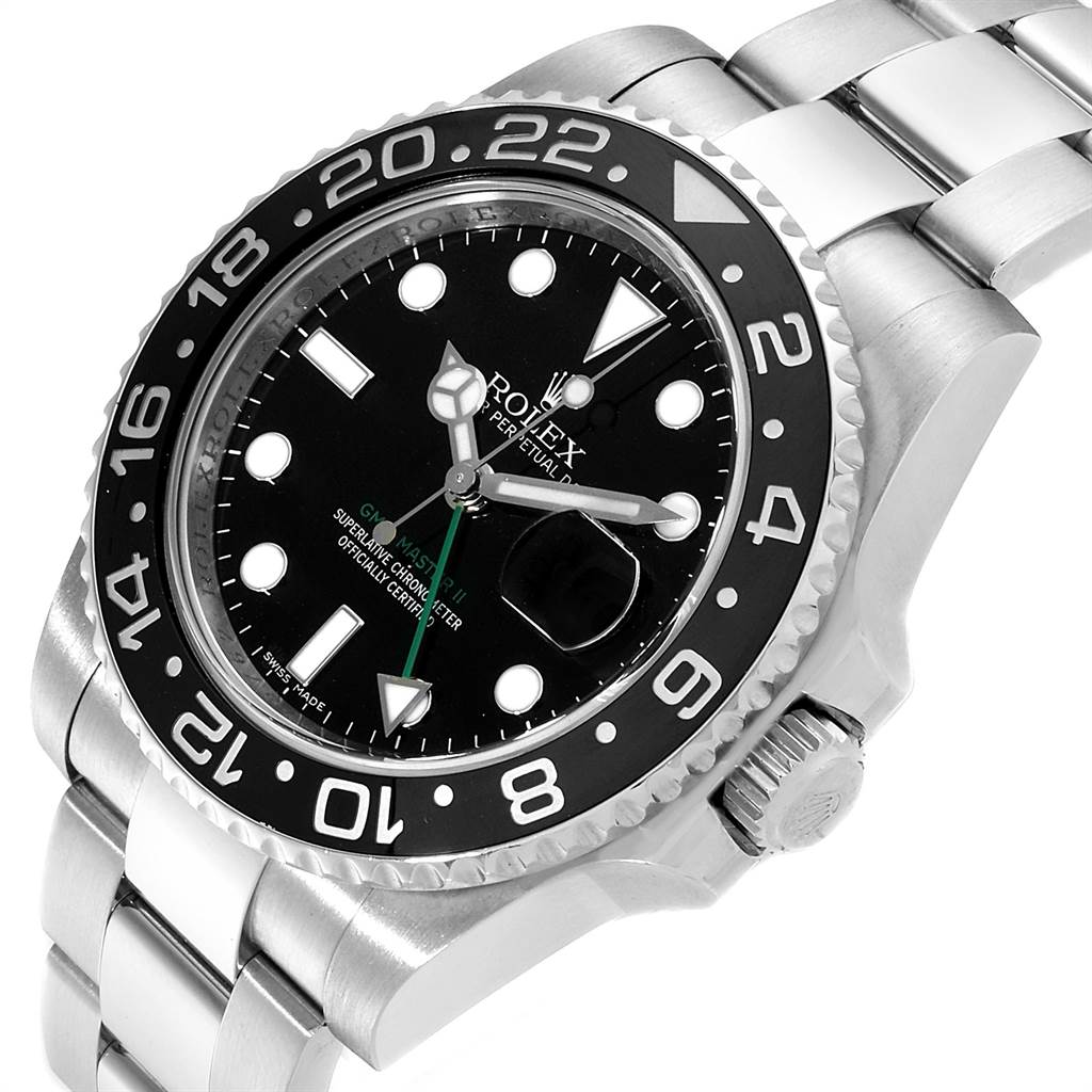 This image shows the Rolex GMT-Master 116710 Men's Stainless Steel Black Dial 116710 Men's Stainless Steel Black Dial watch at an angled side view, highlighting the bezel, dial, crown, and bracelet.