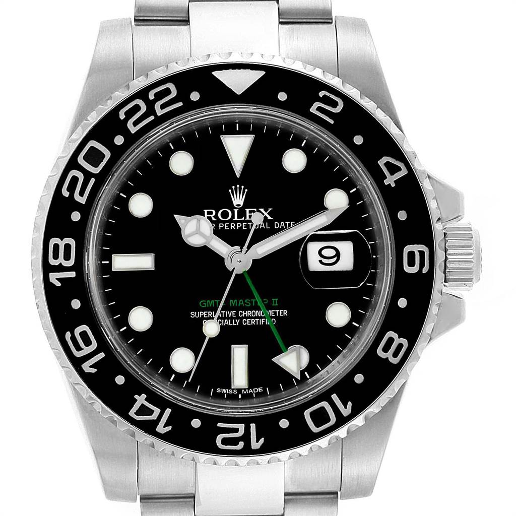 The image shows a front view of a Rolex GMT-Master 116710 Men's Stainless Steel Black Dial 116710 Men's Stainless Steel Black Dial watch, displaying its black bezel, dial, and stainless steel bracelet.