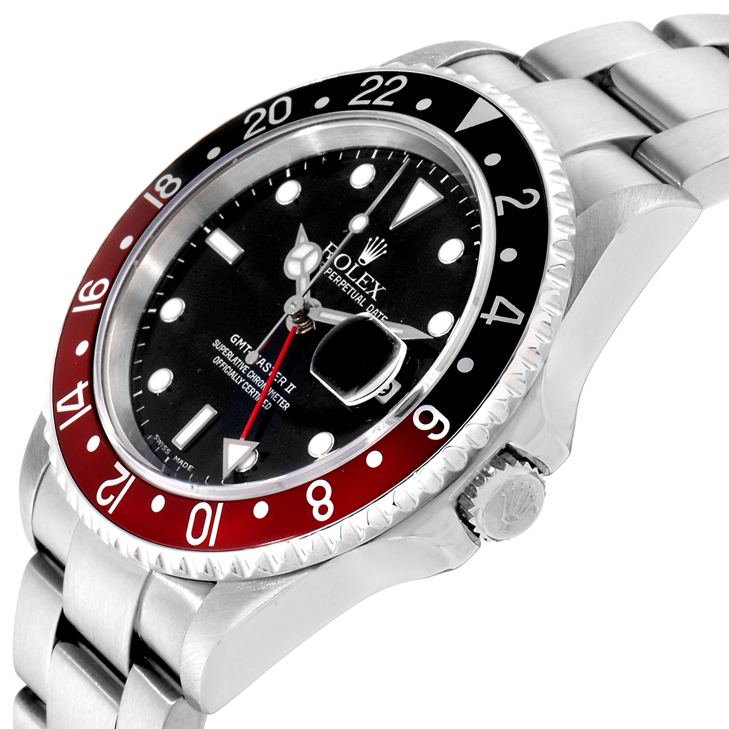 The image shows a side angle of a Rolex GMT-Master 16710 Men's Stainless Steel Black Dial 16710 Men's Stainless Steel Black Dial watch, highlighting the bezel, dial, crown, and part of the bracelet.