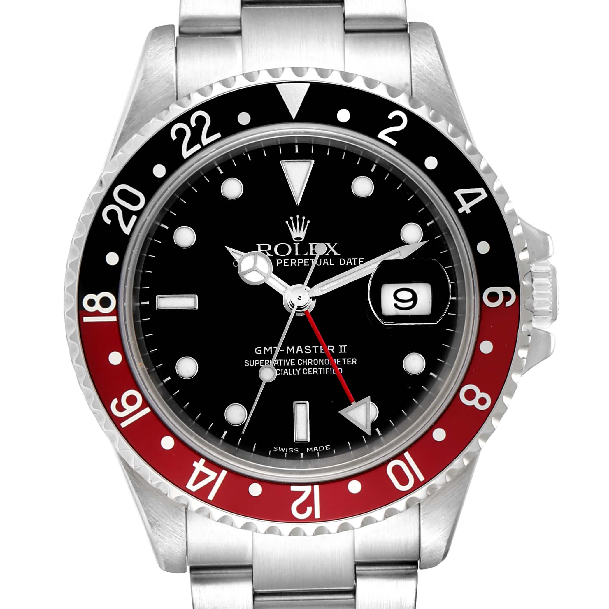 The image shows the front view of a Rolex GMT-Master 16710 Men's Stainless Steel Black Dial 16710 Men's Stainless Steel Black Dial II watch with a black and red bezel.