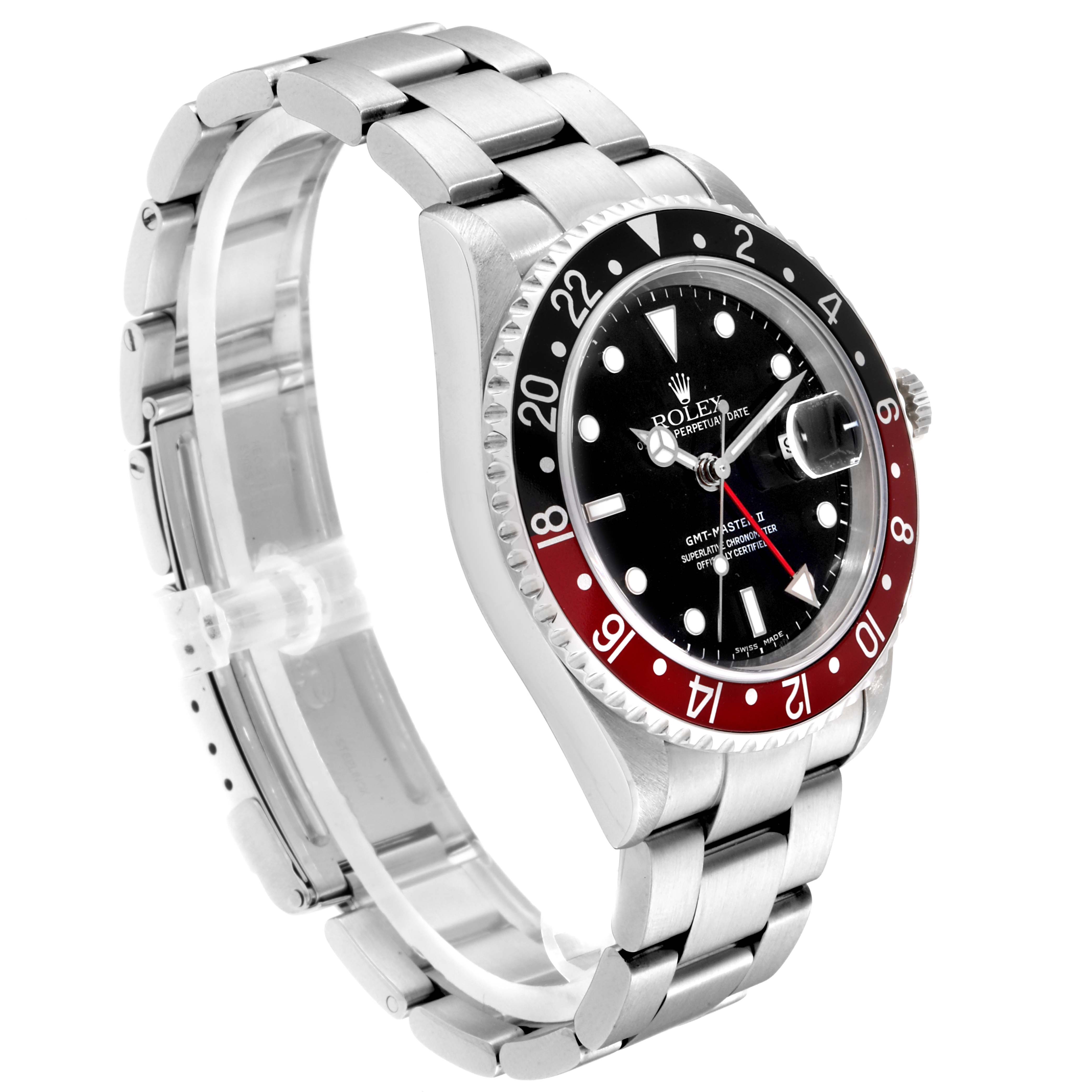 This image shows a side angle of the Rolex GMT-Master 16710 Men's Stainless Steel Black Dial 16710 Men's Stainless Steel Black Dial watch, highlighting the bracelet, bezel, and face.