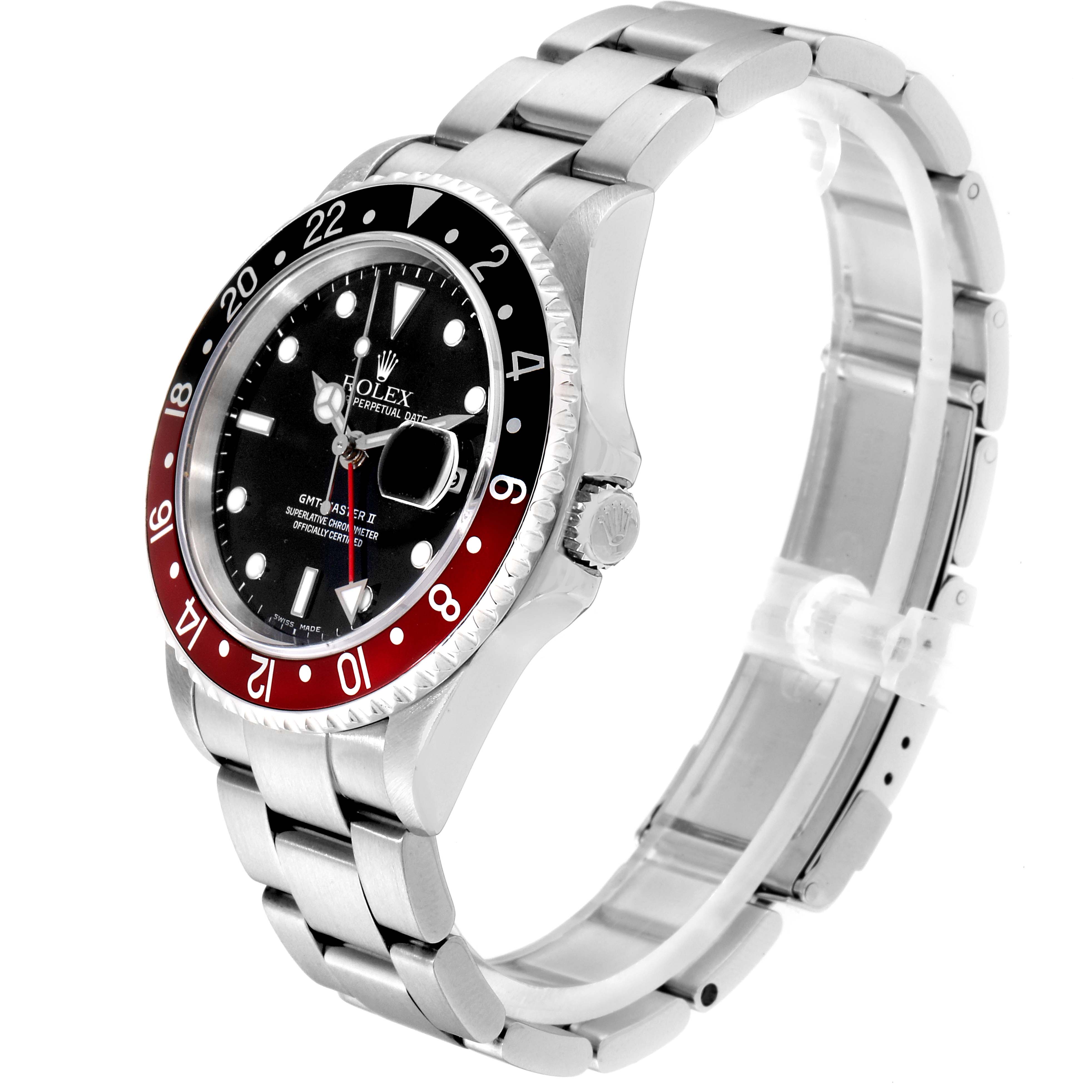 The Rolex GMT-Master 16710 Men's Stainless Steel Black Dial 16710 Men's Stainless Steel Black Dial watch is shown at an angle displaying the face, bezel, crown, and bracelet.