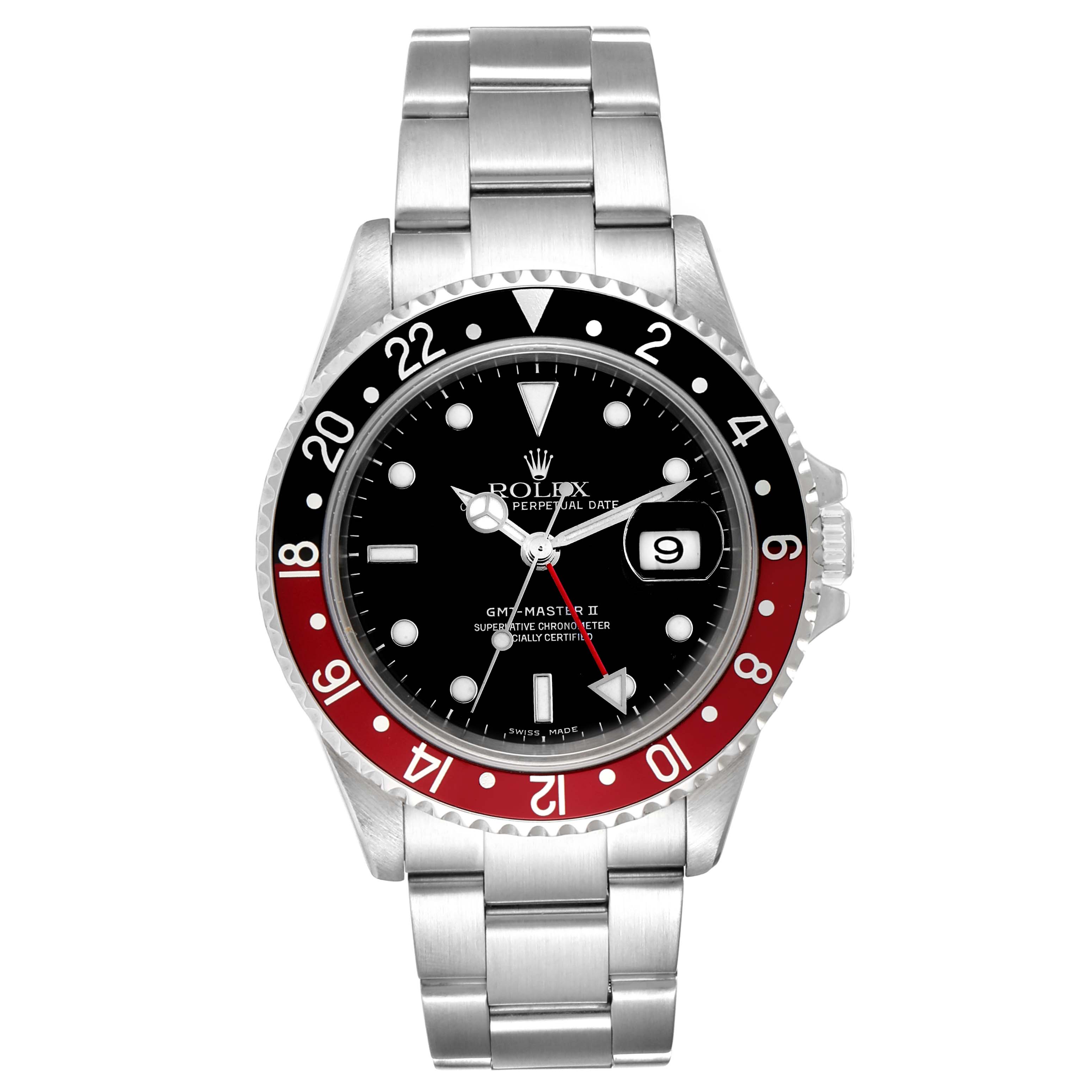 The image shows a front view of a Rolex GMT-Master 16710 Men's Stainless Steel Black Dial 16710 Men's Stainless Steel Black Dial II watch with a red and black bezel and stainless-steel bracelet.