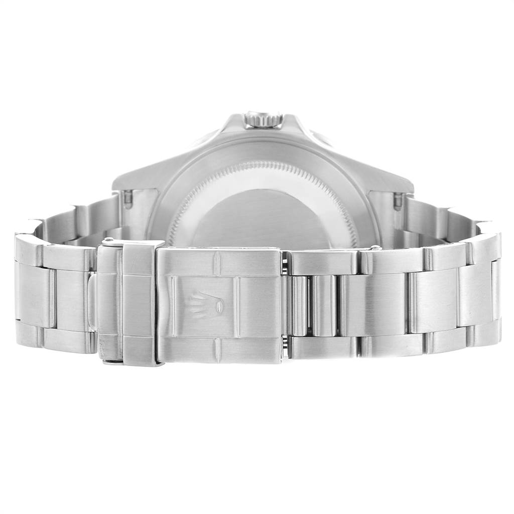 This image shows the rear view and clasp of a Rolex GMT-Master 16710 Men's Stainless Steel Black Dial 16710 Men's Stainless Steel Black Dial watch in silver color.