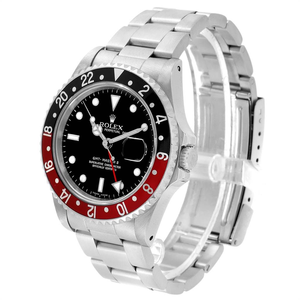 This image shows a Rolex GMT-Master 16710 Men's Stainless Steel Black Dial 16710 Men's Stainless Steel Black Dial watch angled from the front-left, featuring the bezel, face, crown, and stainless steel bracelet.