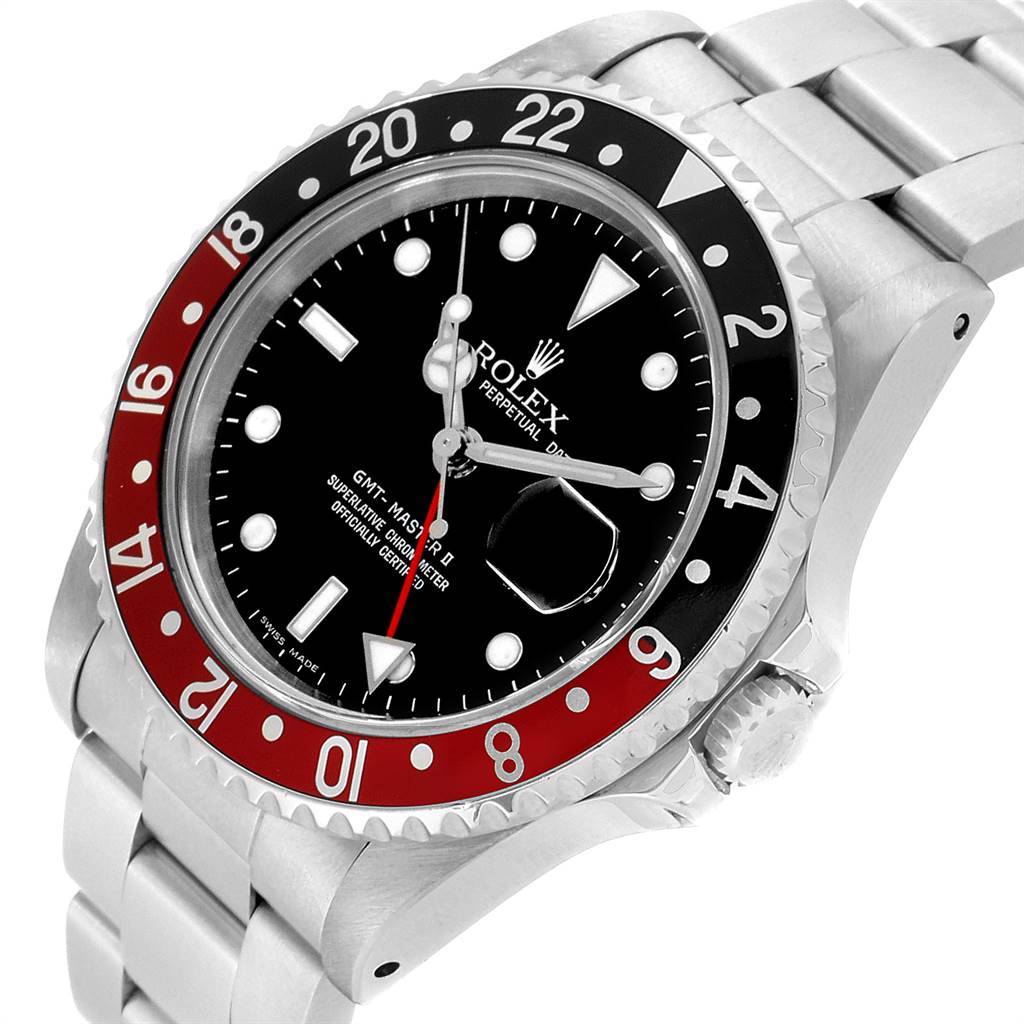 The Rolex GMT-Master 16710 Men's Stainless Steel Black Dial 16710 Men's Stainless Steel Black Dial watch is shown from a front angle highlighting its red and black bezel, black dial, and stainless steel bracelet.