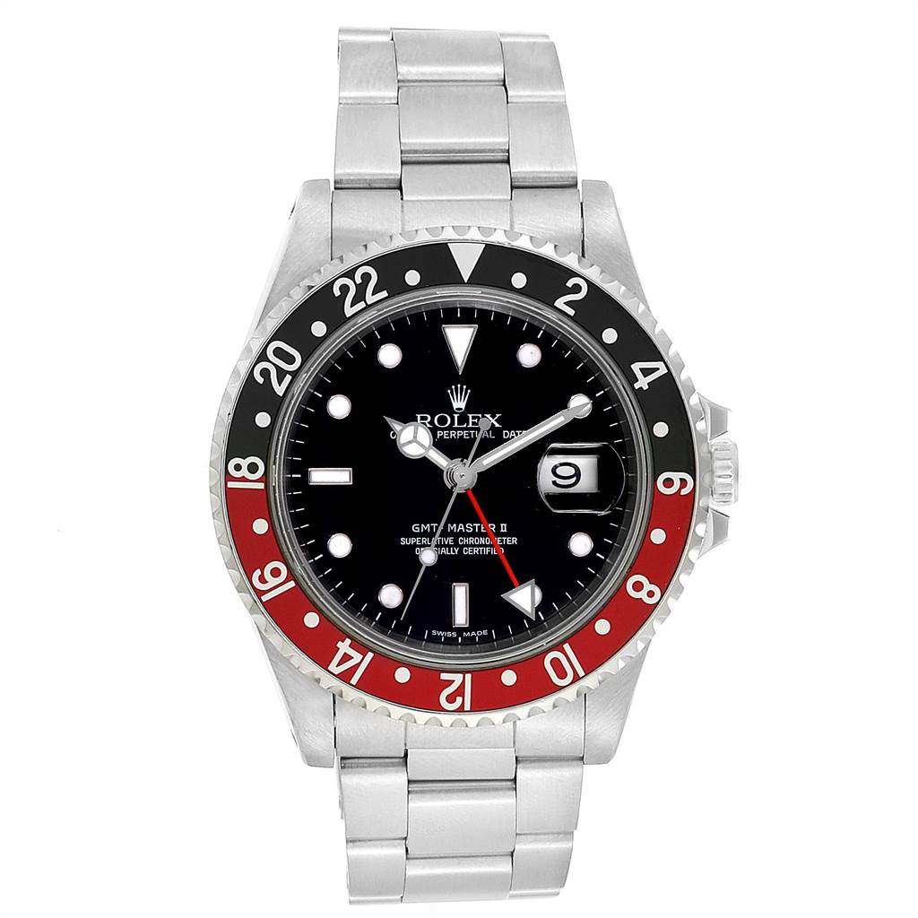 The image shows a front view of a Rolex GMT-Master 16710 Men's Stainless Steel Black Dial 16710 Men's Stainless Steel Black Dial watch, featuring its bezel, crown, dial, and bracelet.