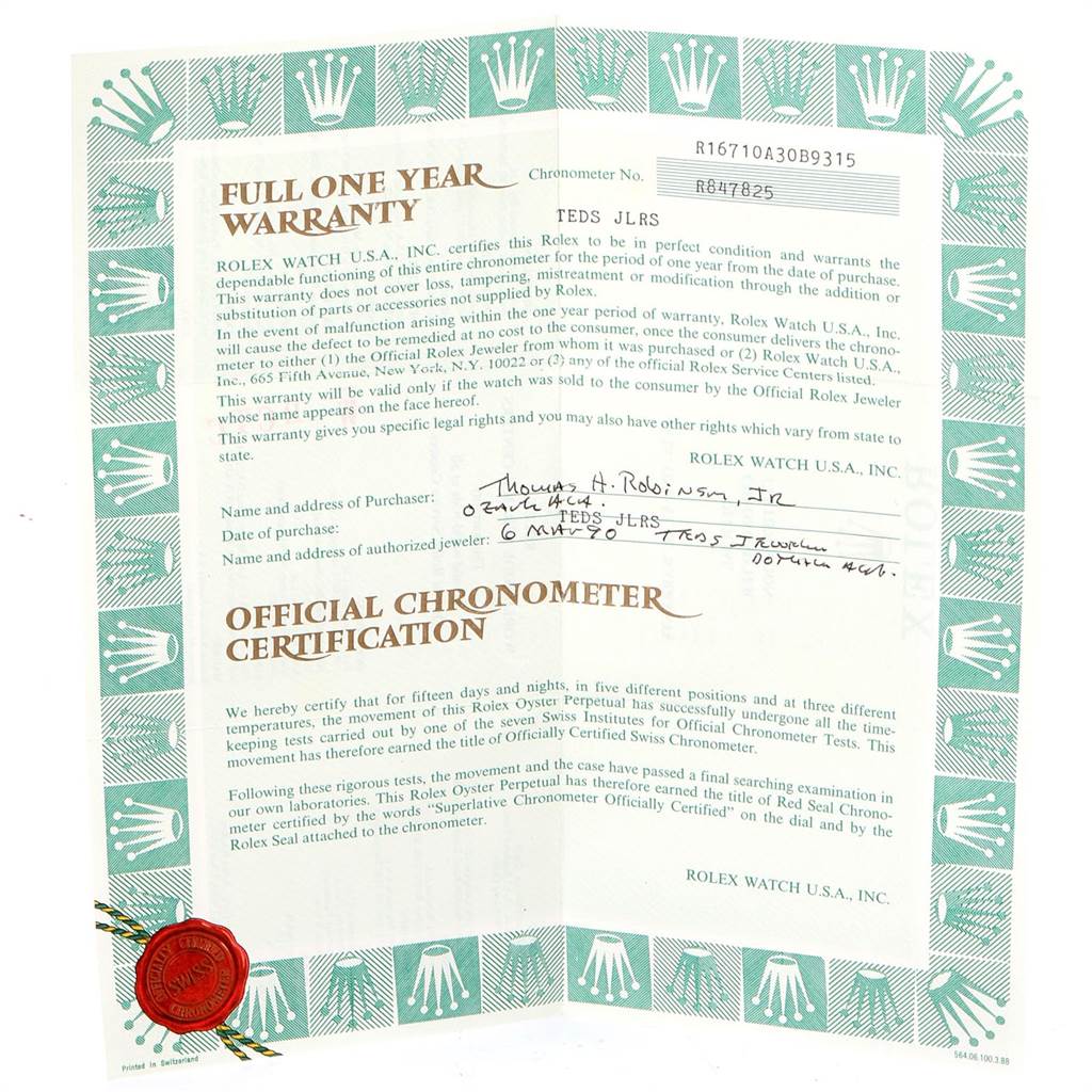 The image shows a full one-year warranty and official chronometer certification documents for a Rolex GMT-Master 16710 Men's Stainless Steel Black Dial 16710 Men's Stainless Steel Black Dial watch.