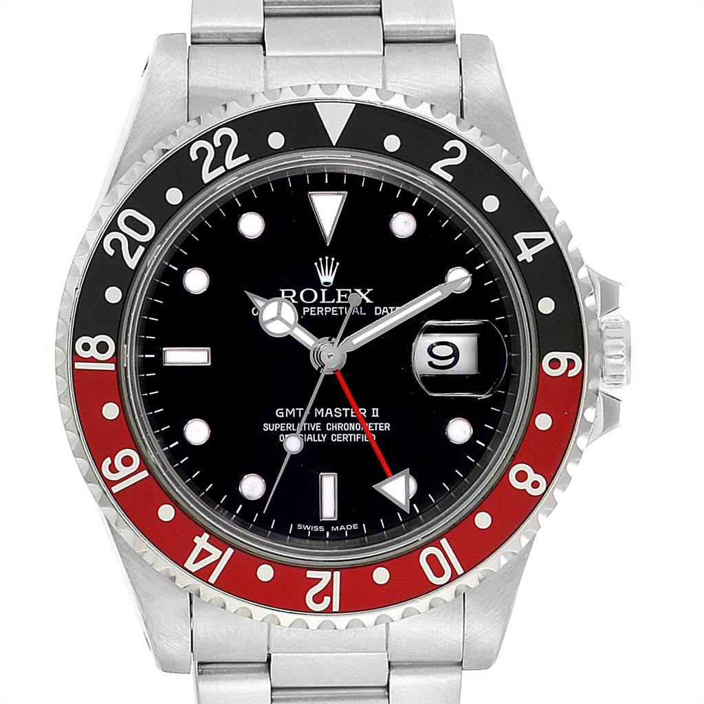 This image shows a front view of the Rolex GMT-Master 16710 Men's Stainless Steel Black Dial 16710 Men's Stainless Steel Black Dial II watch, highlighting its bezel, dial, hands, and date window.