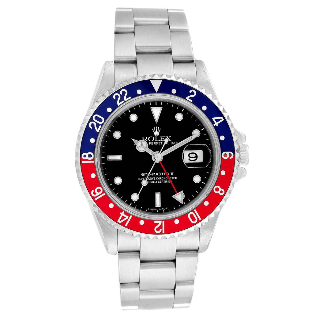 The image shows a front view of the Rolex GMT-Master 16710 Men's Stainless Steel Black Dial 16710 Men's Stainless Steel Black Dial II watch, displaying its dial, bezel, and bracelet.
