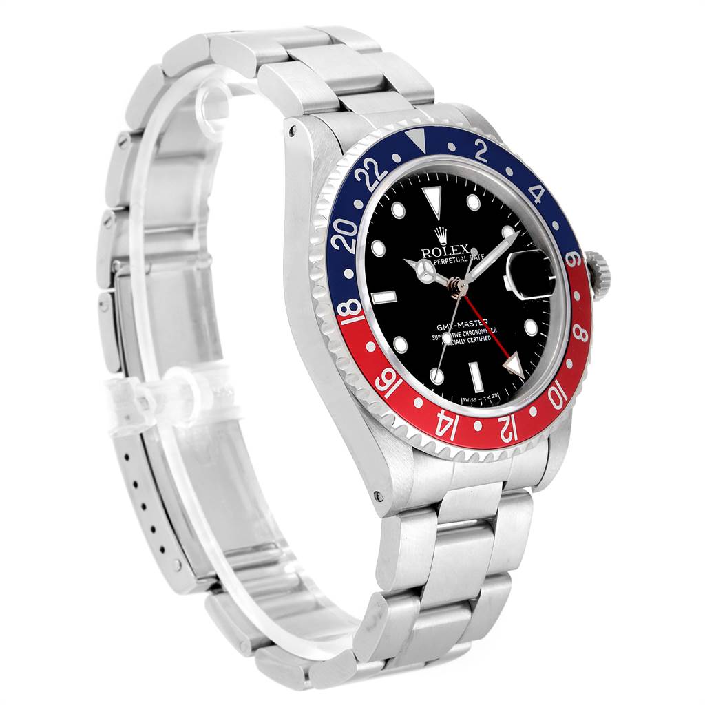 The Rolex GMT-Master 16700 Men's Stainless Steel Black Dial 16700 Men's Stainless Steel Black Dial watch is shown at a 3/4 angle, displaying the bezel, dial, bracelet, and case.