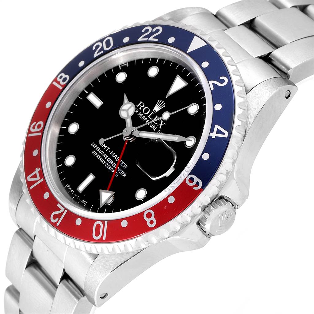 This image shows a close-up of the Rolex GMT-Master 16700 Men's Stainless Steel Black Dial 16700 Men's Stainless Steel Black Dial watch displaying its bezel, dial, and part of the bracelet from an angle highlighting the side.