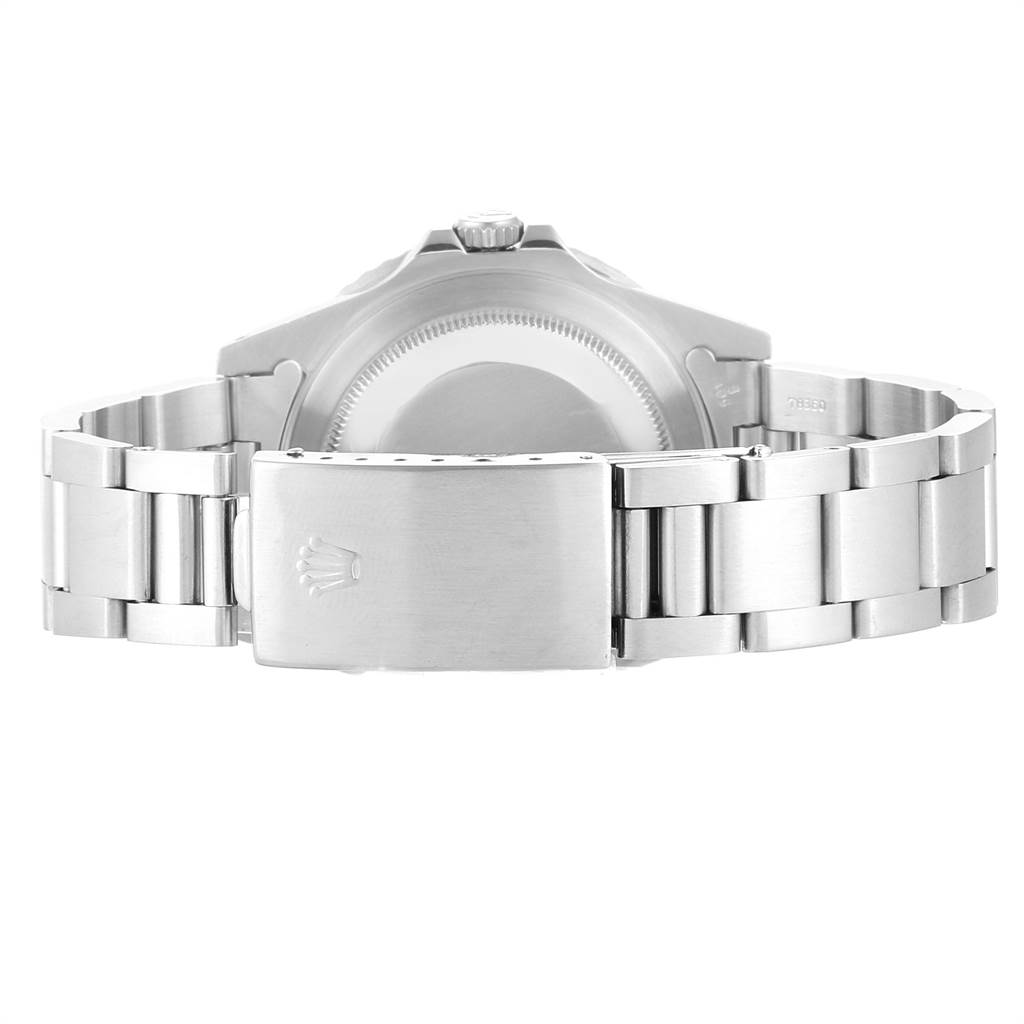 This image shows the stainless steel bracelet and closed clasp of a Rolex GMT-Master 16700 Men's Stainless Steel Black Dial 16700 Men's Stainless Steel Black Dial watch from the back angle.