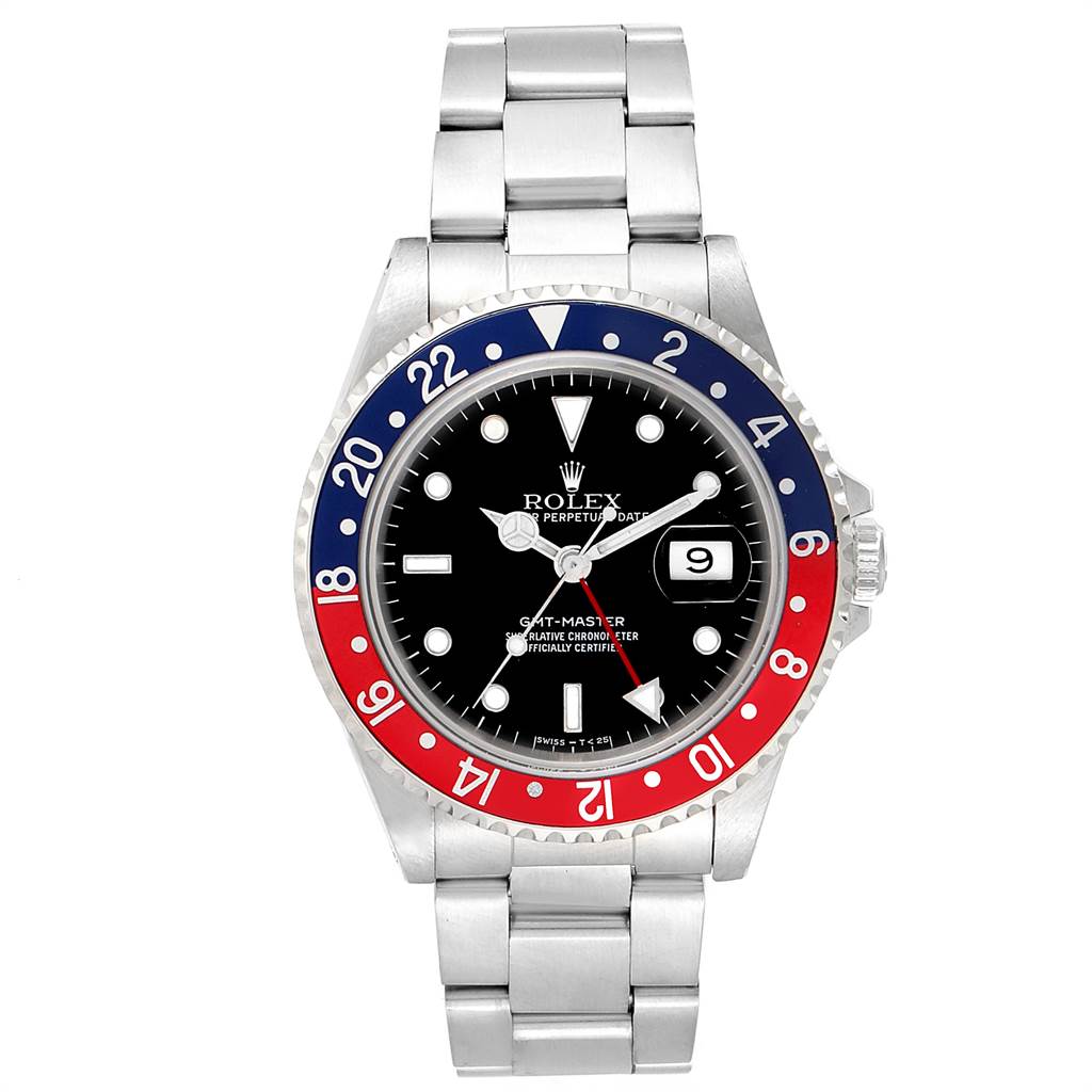 The Rolex GMT-Master 16700 Men's Stainless Steel Black Dial 16700 Men's Stainless Steel Black Dial watch is shown from a top-down angle, displaying the face, bezel, and bracelet.
