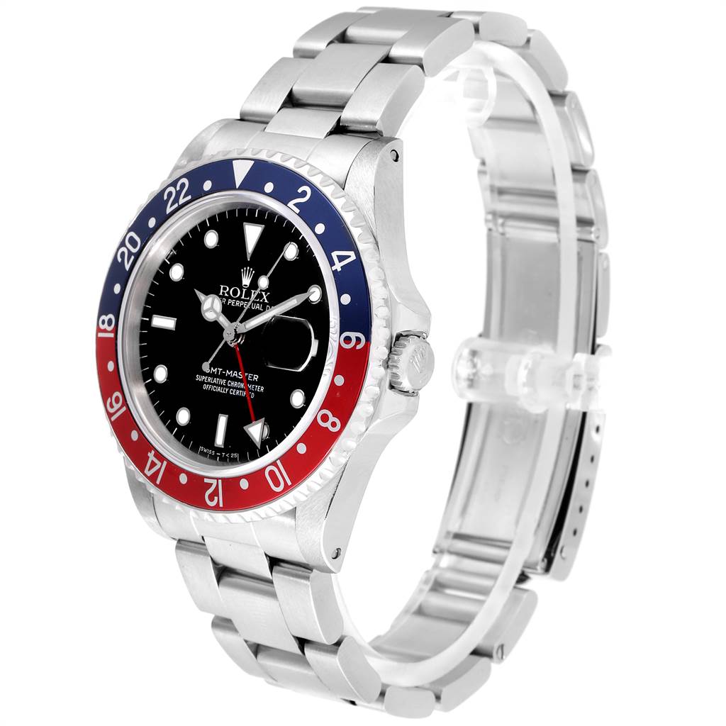 This image shows a Rolex GMT-Master 16700 Men's Stainless Steel Black Dial 16700 Men's Stainless Steel Black Dial watch at a three-quarter angle, displaying the face, bracelet, and clasp.