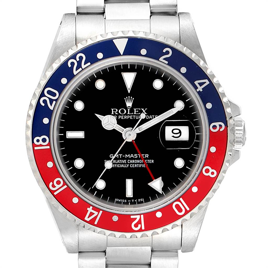 The image shows a front view of the Rolex GMT-Master 16700 Men's Stainless Steel Black Dial 16700 Men's Stainless Steel Black Dial watch, highlighting its dial, bezel, and bracelet.