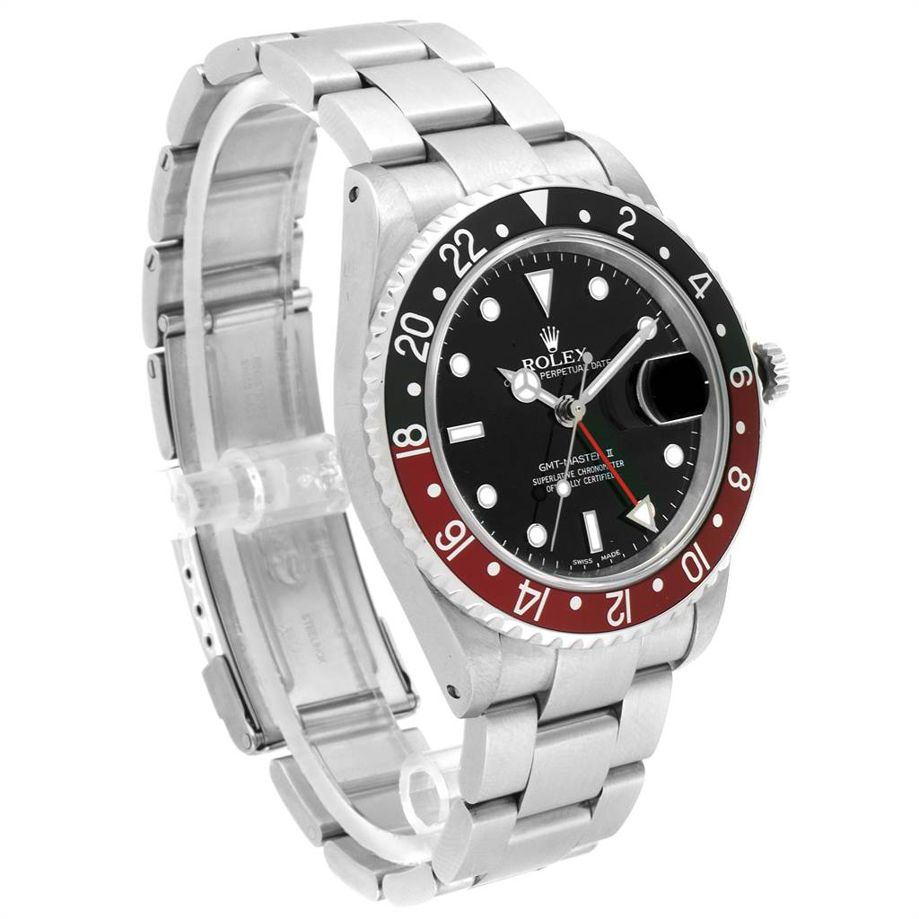 The image shows a Rolex GMT-Master 16710 Men's Stainless Steel Black Dial 16710 Men's Stainless Steel Black Dial watch from a slightly rightward angle, highlighting its face, bezel, crown, and part of the bracelet.