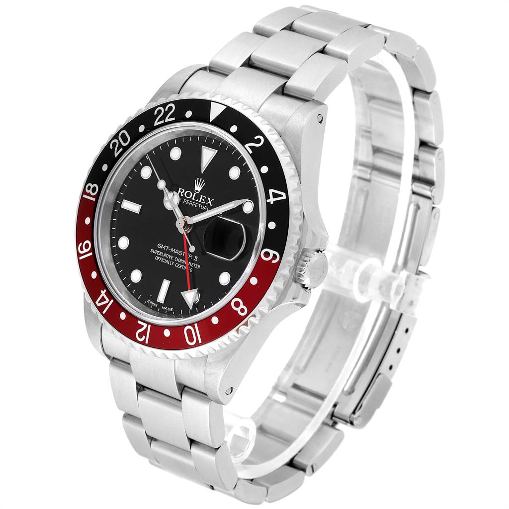 The Rolex GMT-Master 16710 Men's Stainless Steel Black Dial 16710 Men's Stainless Steel Black Dial watch is shown at a three-quarter angle, displaying the face, bezel, and metal bracelet.