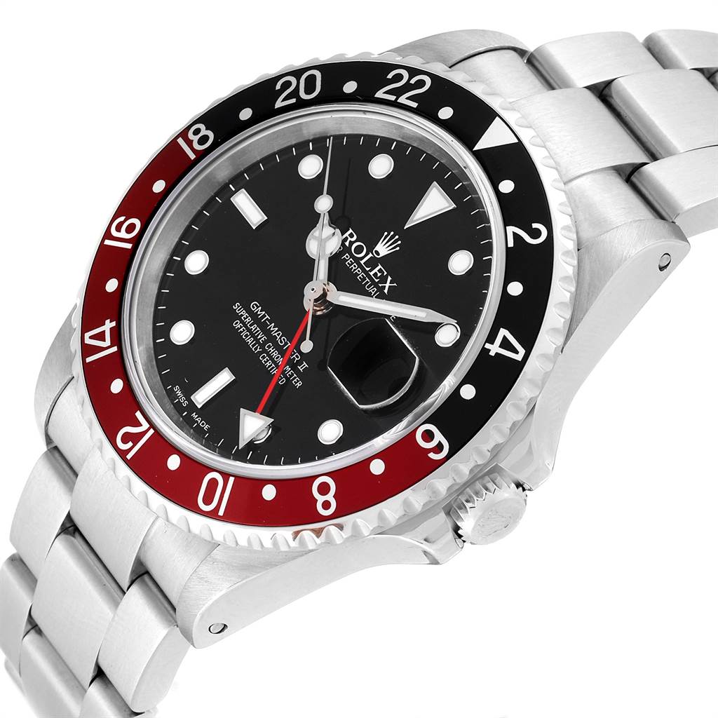 The image shows a Rolex GMT-Master 16710 Men's Stainless Steel Black Dial 16710 Men's Stainless Steel Black Dial II watch angled from the side, highlighting its bezel, dial, and stainless steel bracelet.