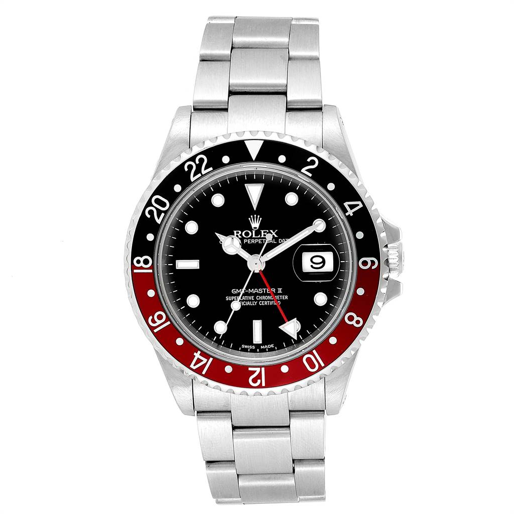 The Rolex GMT-Master 16710 Men's Stainless Steel Black Dial 16710 Men's Stainless Steel Black Dial watch is shown from a top-down angle, displaying its bezel, dial, and bracelet.