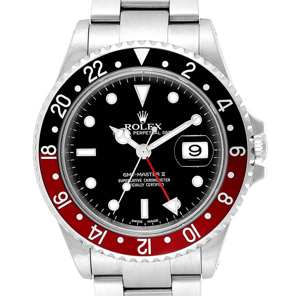 The image shows a front view of a Rolex GMT-Master 16710 Men's Stainless Steel Black Dial 16710 Men's Stainless Steel Black Dial II watch, displaying its dial, bezel, and part of the bracelet.