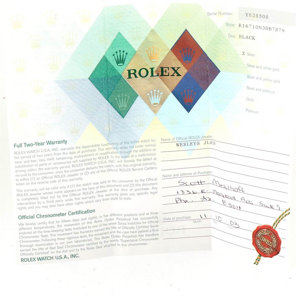 This is a warranty certificate for a Rolex GMT-Master 16710 Men's Stainless Steel Black Dial 16710 Men's Stainless Steel Black Dial watch, showing details such as serial number, purchase date, and jeweler.
