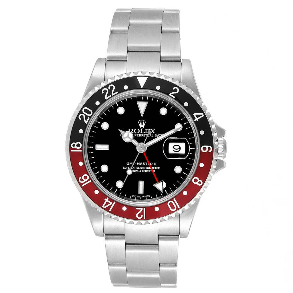 This Rolex GMT-Master 16710 Men's Stainless Steel Black Dial 16710 Men's Stainless Steel Black Dial watch is shown from a front angle, highlighting the bezel, dial, bracelet, and date display.