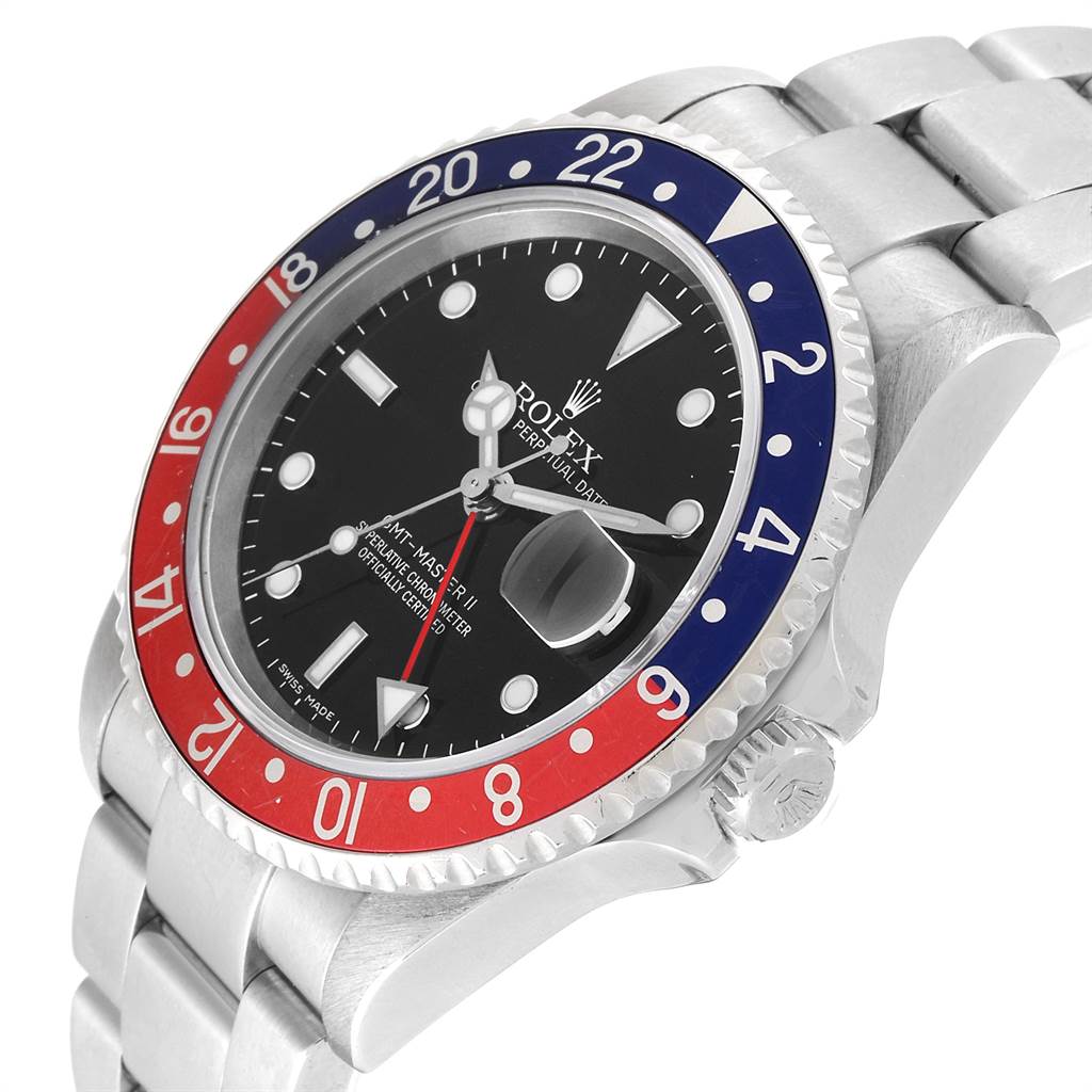 The image shows a close-up angle of the Rolex GMT-Master 16710 Men's Stainless Steel Black Dial 16710 Men's Stainless Steel Black Dial watch focusing on its bezel, dial, crown, and part of the bracelet.