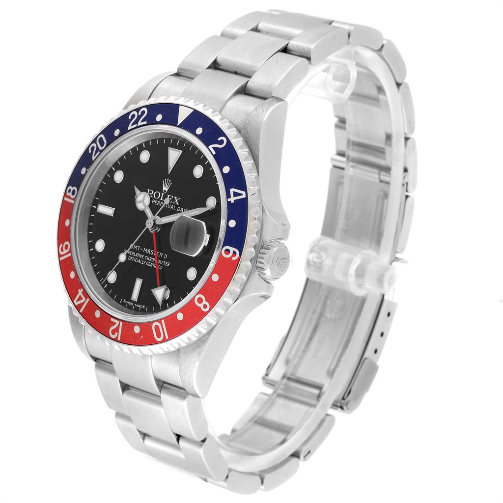 The Rolex GMT-Master 16710 Men's Stainless Steel Black Dial 16710 Men's Stainless Steel Black Dial watch is shown at a three-quarter angle, displaying the bezel, dial, and bracelet clearly.