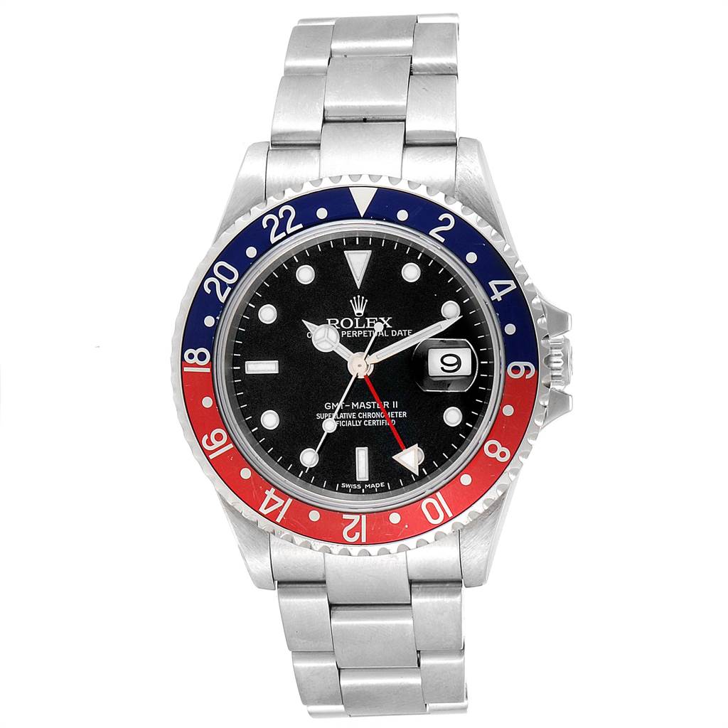 The image shows the front view of a Rolex GMT-Master 16710 Men's Stainless Steel Black Dial 16710 Men's Stainless Steel Black Dial II watch, displaying its bezel, dial, hands, and bracelet.