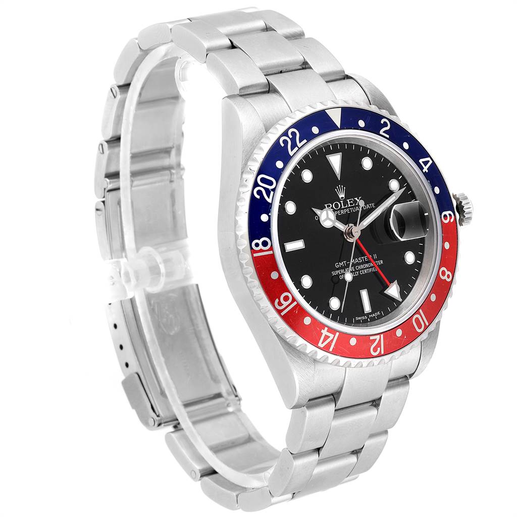 The image shows a side angle of a Rolex GMT-Master 16710 Men's Stainless Steel Black Dial 16710 Men's Stainless Steel Black Dial watch, highlighting the bezel, dial, and bracelet.