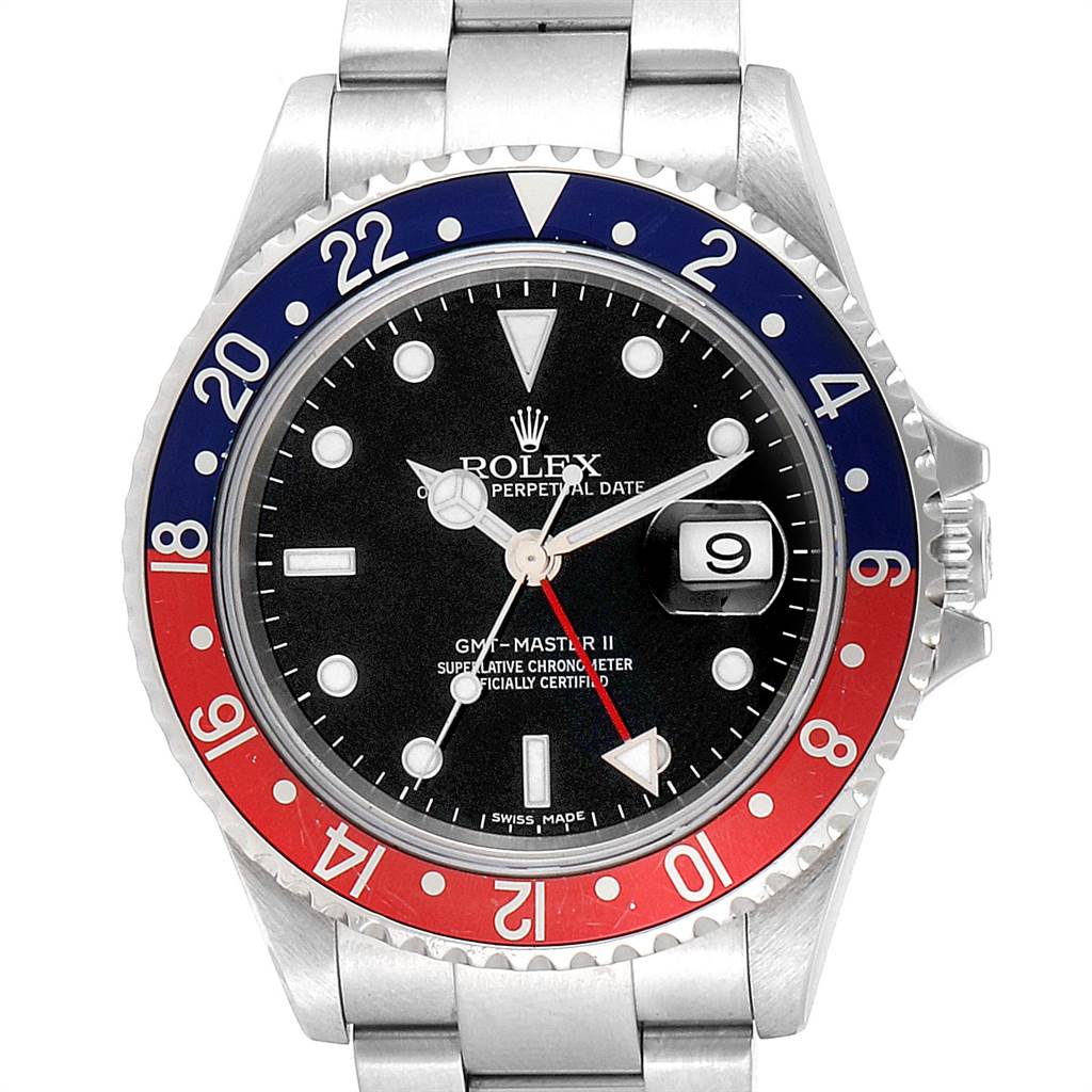 The image displays a front view of a Rolex GMT-Master 16710 Men's Stainless Steel Black Dial 16710 Men's Stainless Steel Black Dial II watch, showing the dial, bezel, hands, and bracelet.