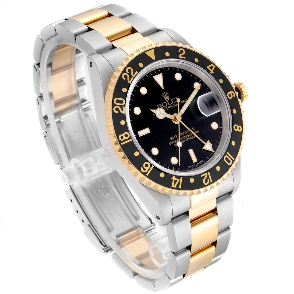 The image shows a Rolex GMT-Master 16713 Men's Stainless Steel Black Dial 16713 Men's Stainless Steel Black Dial watch at an angled side view, highlighting the dial, bezel, bracelet, and crown.
