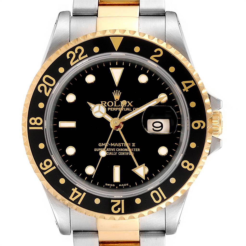 The image shows a front view of a Rolex GMT-Master 16713 Men's Stainless Steel Black Dial 16713 Men's Stainless Steel Black Dial II watch, highlighting the bezel, dial, hands, and bracelet.