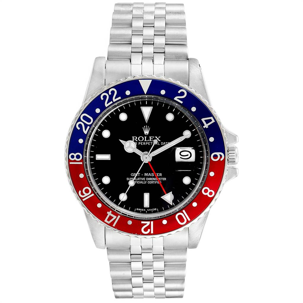 The image shows a front view of a Rolex GMT-Master 16750 Men's Stainless Steel Black Dial 16750 Men's Stainless Steel Black Dial watch, highlighting its bezel, dial, hands, and bracelet.