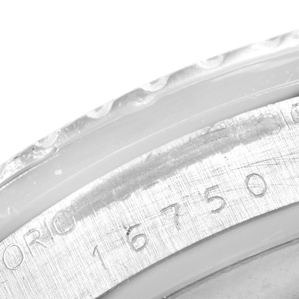 The image shows a close-up of the engraved model number on the case of a Rolex GMT-Master 16750 Men's Stainless Steel Black Dial 16750 Men's Stainless Steel Black Dial watch.