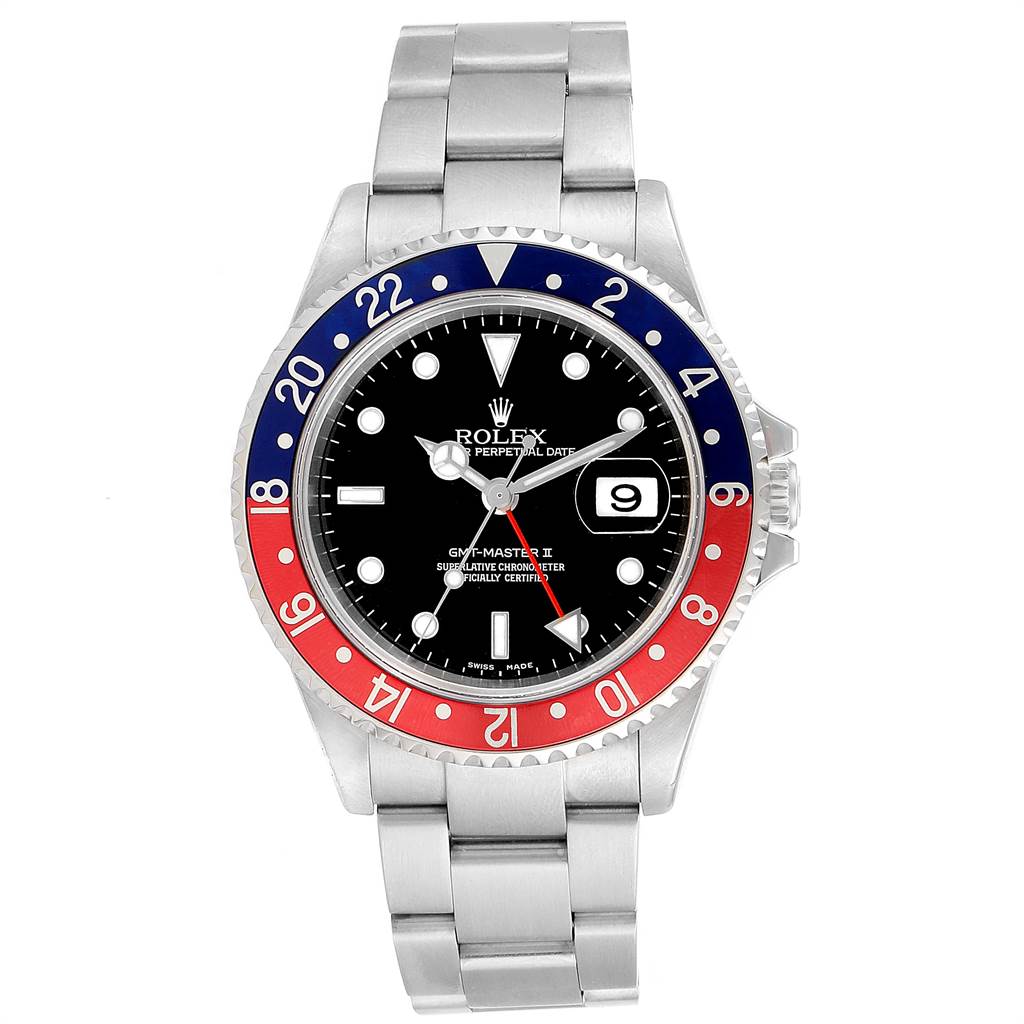 This image shows a front view of the Rolex GMT-Master 16710 Men's Stainless Steel Black Dial 16710 Men's Stainless Steel Black Dial watch, displaying its face, bezel, and bracelet.