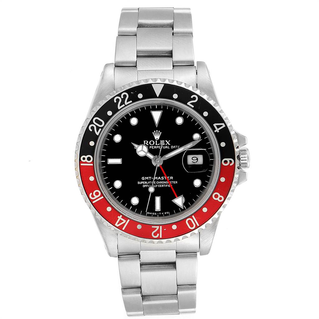 This is a front view of a Rolex GMT-Master 16700 Men's Stainless Steel Black Dial 16700 Men's Stainless Steel Black Dial watch showing the dial, bezel, hands, date window, and bracelet.