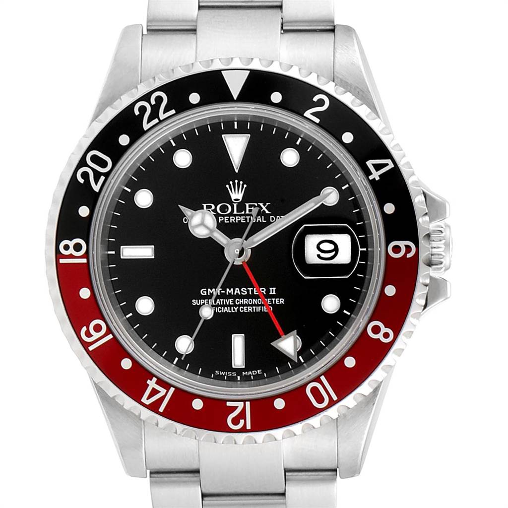The image shows a front view of a Rolex GMT-Master 16710 Men's Stainless Steel Black Dial 16710 Men's Stainless Steel Black Dial II watch, displaying the dial, bezel, and part of the bracelet.
