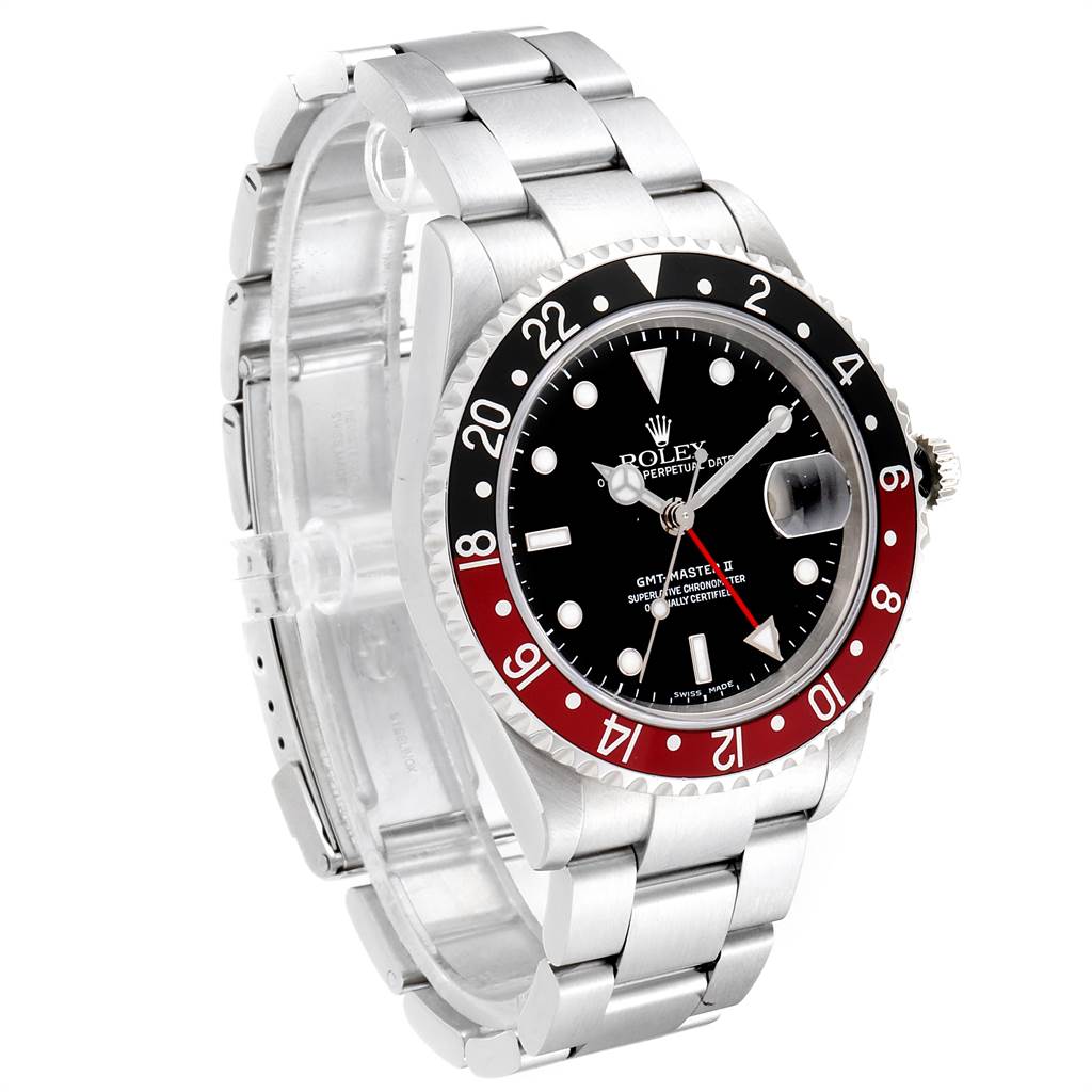 The image shows a Rolex GMT-Master 16710 Men's Stainless Steel Black Dial 16710 Men's Stainless Steel Black Dial watch at a three-quarter angle, highlighting the bezel, face, and stainless steel bracelet.