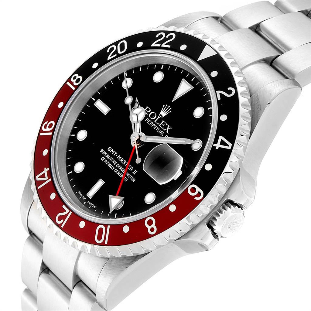 The image shows a close-up, angled view of the face and bracelet of a Rolex GMT-Master 16710 Men's Stainless Steel Black Dial 16710 Men's Stainless Steel Black Dial II watch.