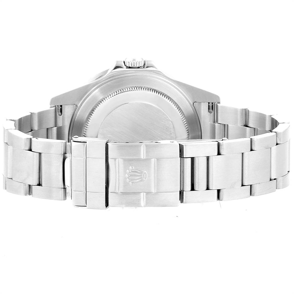 The image shows the back view of a Rolex GMT-Master 16710 Men's Stainless Steel Black Dial 16710 Men's Stainless Steel Black Dial watch, highlighting the case back and bracelet clasp with the Rolex logo.