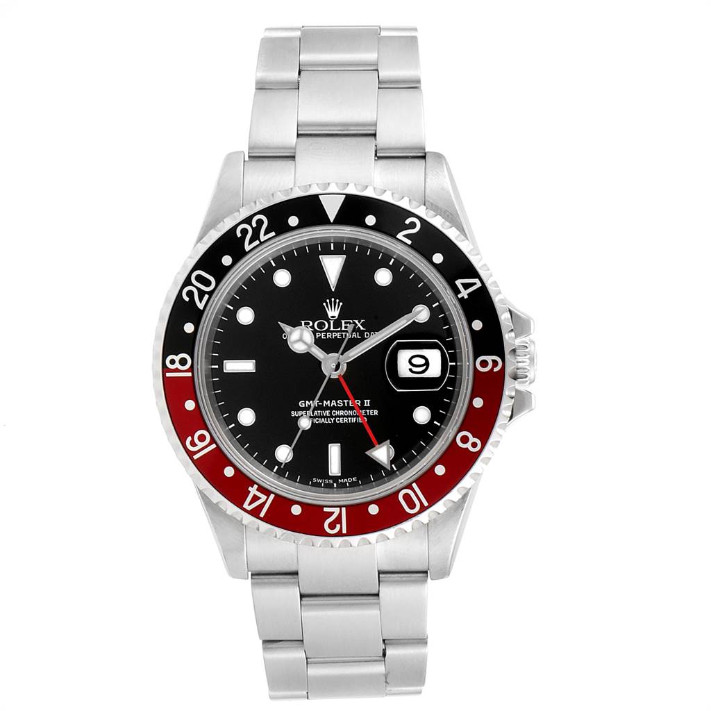 This image shows a front view of the Rolex GMT-Master 16710 Men's Stainless Steel Black Dial 16710 Men's Stainless Steel Black Dial II watch, displaying the face, bezel, and stainless steel bracelet.
