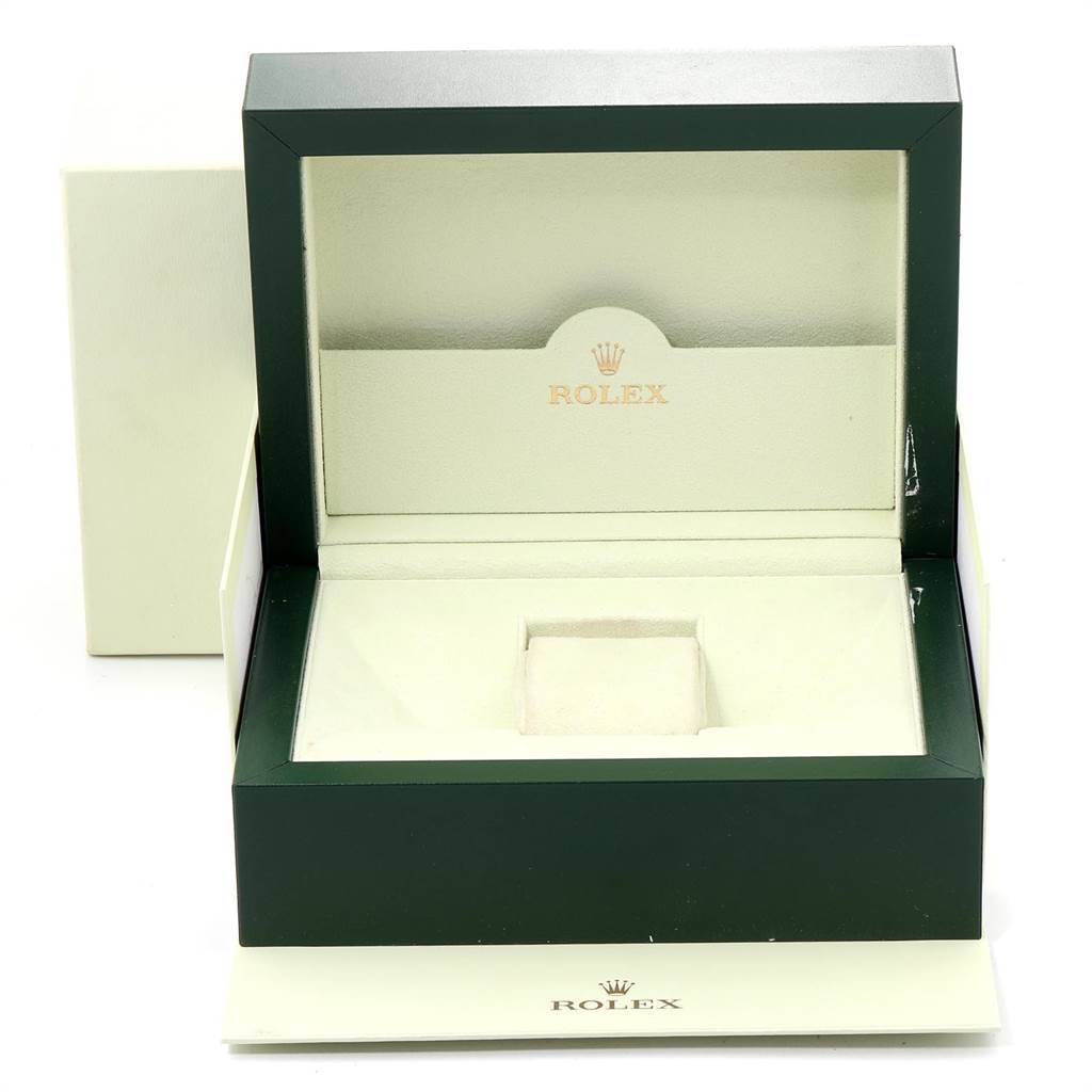 This is a frontal view of an empty Rolex GMT-Master 16710 Men's Stainless Steel Black Dial 16710 Men's Stainless Steel Black Dial watch box, featuring the iconic logo inside the lid.