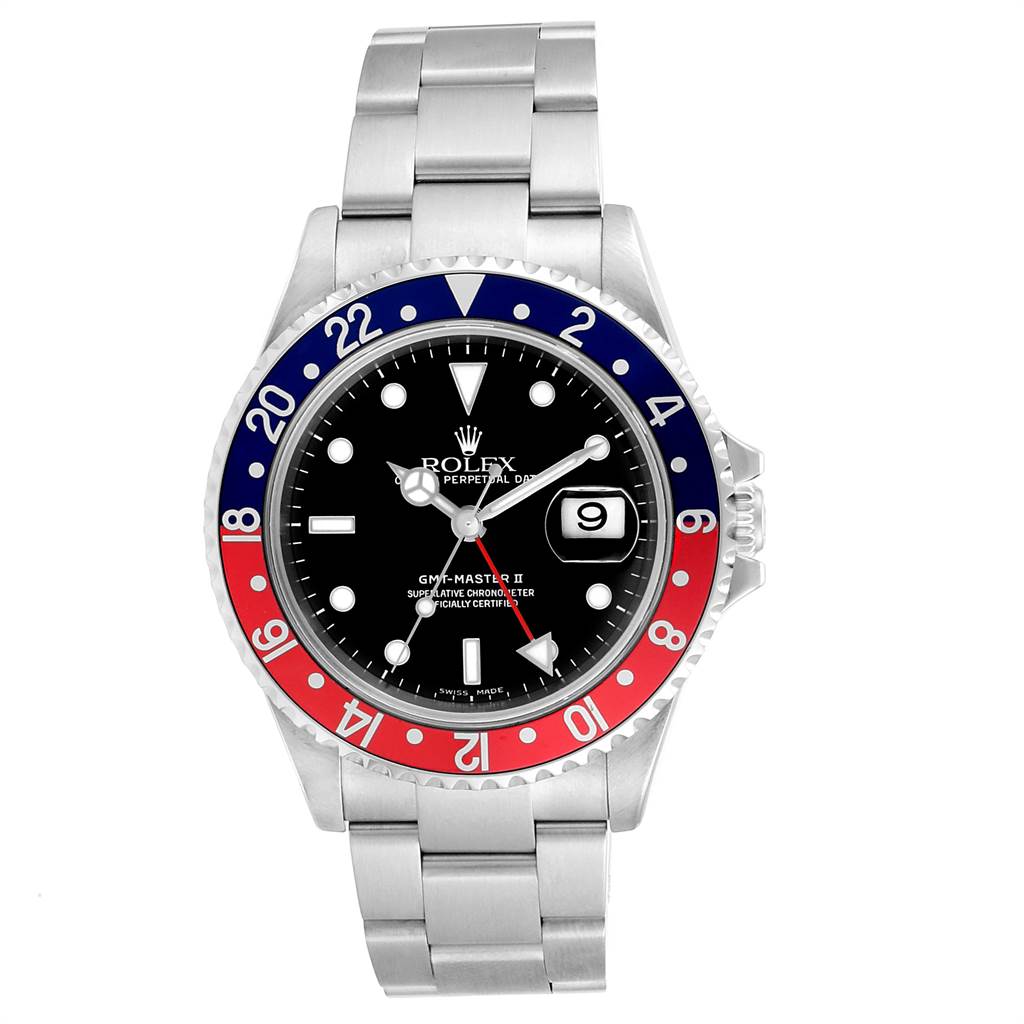 The image shows a front view of a Rolex GMT-Master 16710 Men's Stainless Steel Black Dial 16710 Men's Stainless Steel Black Dial II watch, highlighting the bezel, dial, bracelet, and crown.