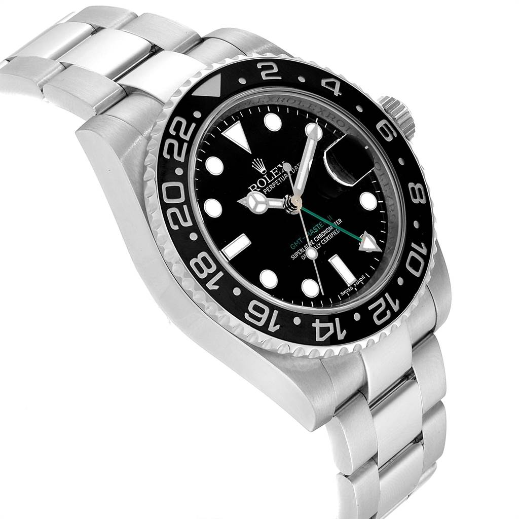 This image shows a side angle of a Rolex GMT-Master 116710 Men's Stainless Steel Black Dial 116710 Men's Stainless Steel Black Dial watch highlighting the bezel, dial, and bracelet.