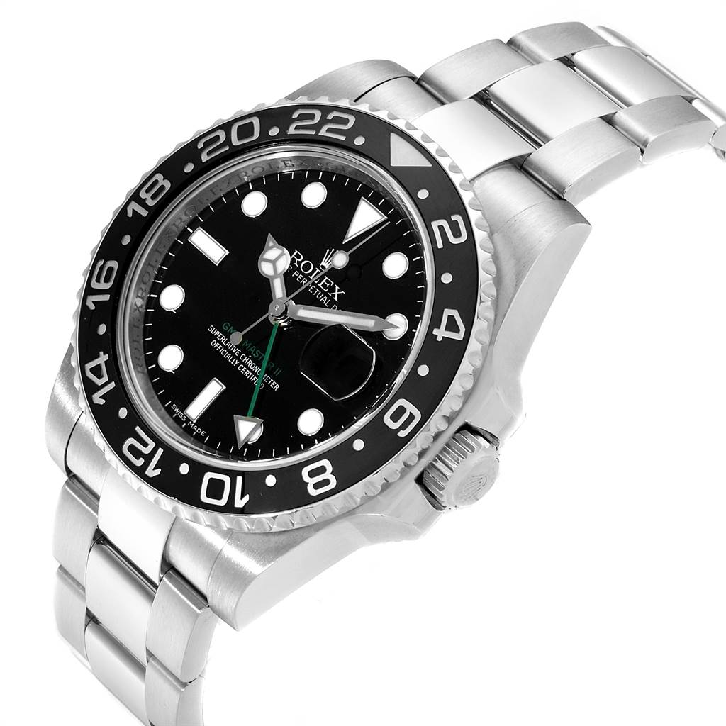 The image shows a Rolex GMT-Master 116710 Men's Stainless Steel Black Dial 116710 Men's Stainless Steel Black Dial watch at a three-quarter angle, displaying the dial, bezel, and part of the bracelet.